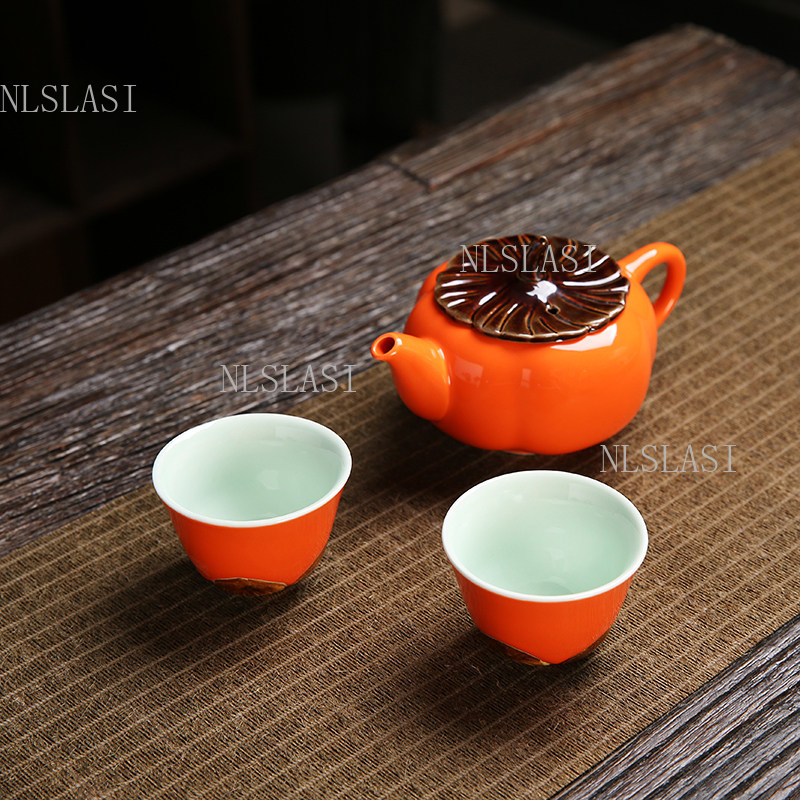 Celadon Ceramic Cup - Orange Red Ceramic Tea Set with